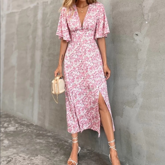 Boho floral butterfly sleeve split thigh dress - Picture 3 of 7